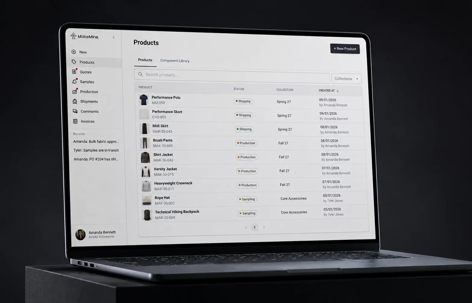 MakeMine platform on a laptop, showing a products dashboard with per-style status, collections, and dates