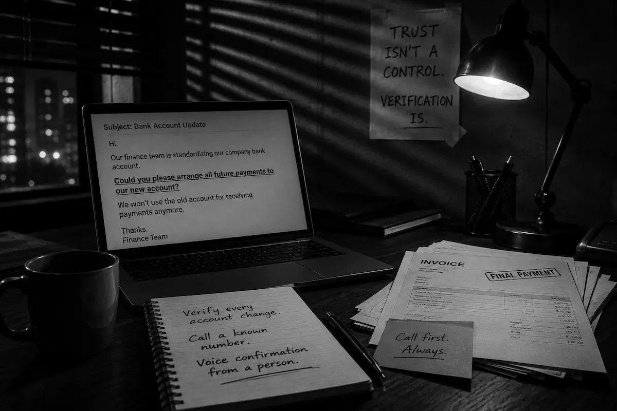 Desk at night with a laptop showing a bank account change email from a factory, beside a final payment invoice and a notebook of verification rules